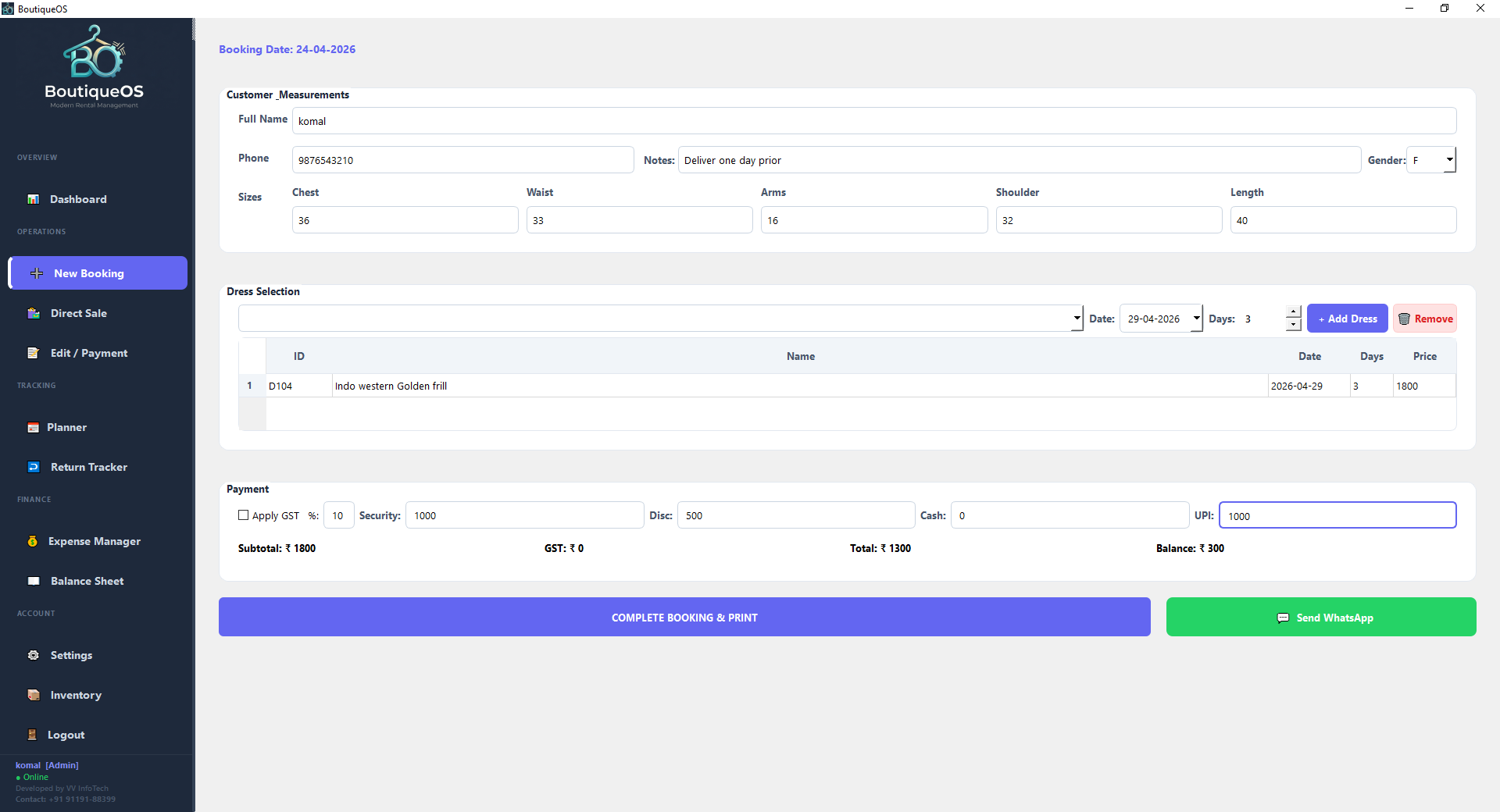 New Booking - Female