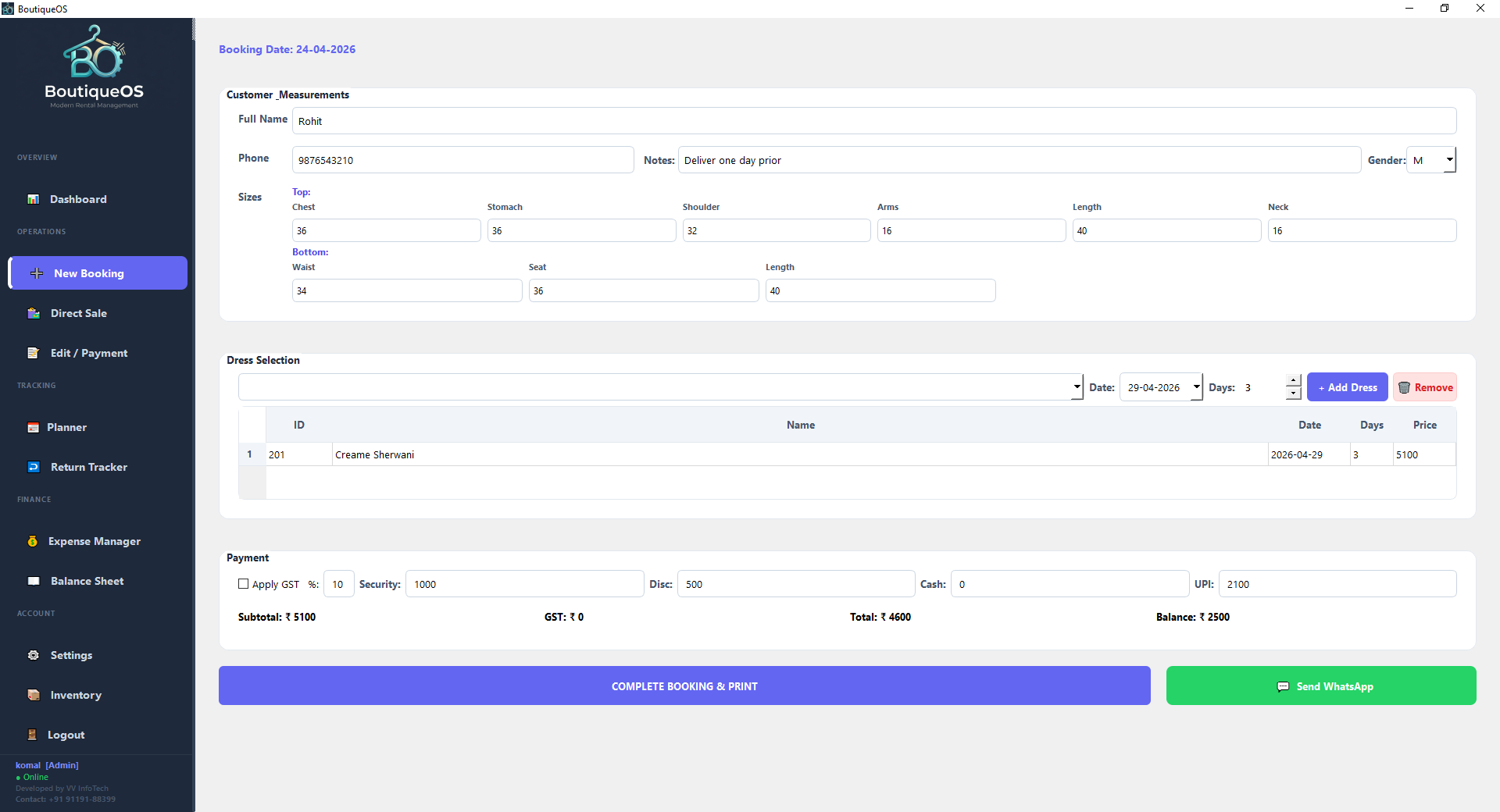 New Booking - Male
